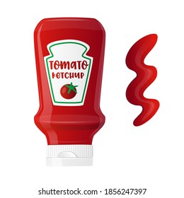 Realistic Bottle of Tomato Ketchup Sauce with Label. Vegetable Dressing, Spicy Condiment in Red Tube with Spilled Strip or Stroke Isolated on White Background. 3d Vector Illustration, Icon or Emblem