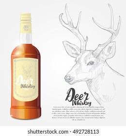 Realistic Bottle of whiskey vector illustration. whiskey label design with deer concept. hand drawn of deer
