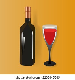 Realistic bottle of wine with glass. Branding mock up. Contemporary marketing beverage template. Alcohol, relax, champagne, holiday. Orange background. 3d isometric illustration