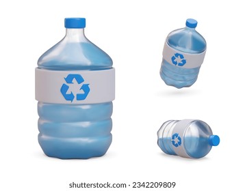 Agua embotellada realista. Embalaje plástico reciclable para líquidos. Grandes botellas azules preparadas para un dispensador más frío. Imagen en posición diferente. Objetos aislados con sombras