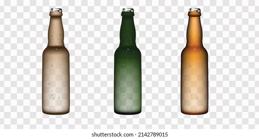 Realistic bottles of beer in different colors on a transparent background