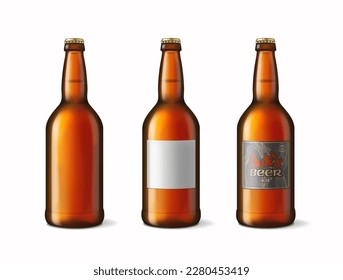 Botellas de cerveza realistas. Paquete de bebidas de vidrio marrón