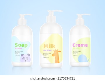 Realistic bottles with dispensers and sample label designs. Vector illustration. Perfect for promote your product. EPS10.	