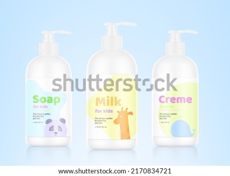 Realistic bottles with dispensers and sample label designs. Vector illustration. Perfect for promote your product. EPS10.	