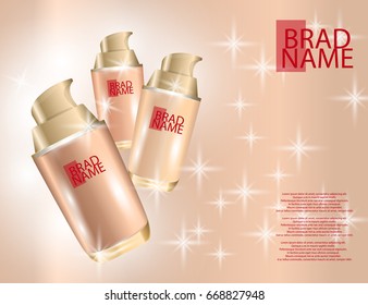 Realistic bottles for foundation cream on sparkling background. Mock-ups of glass containers. Blank template of packaging for cosmetic product. Vector illustration 