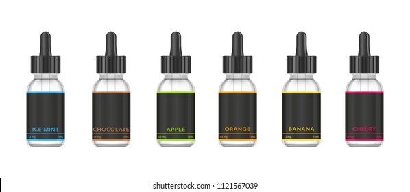 Realistic Bottles Mock Up With Tastes For An Electronic Cigarette With Different Fruit Flavors. Dropper Bottle With Liquid For Vape. Vector Illustration.