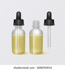 Realistic bottles with with pipette set. Cosmetic skin care medicine product mockup. Organic product, vector format