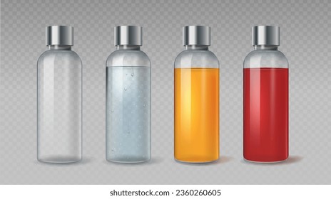 Botellas realistas. Perfume colorido y colonia en el espacio de copias. El maquillaje y los productos cosméticos. Lociones para el cuidado de la cara. Colección vectorial isométrica aislada en fondo transparente