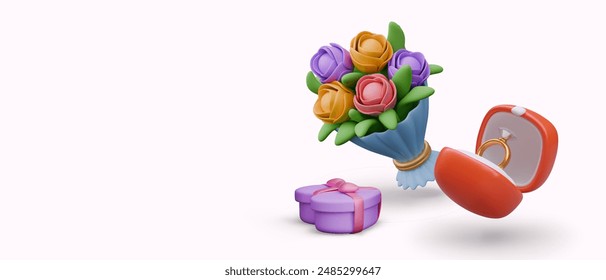 Realistic bouquet of flowers, box with diamond engagement ring, sweets in heart shaped package