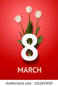 Realistic bouquet of three white tulips with bold text march 8 on red background. March 8 greeting card. Holiday template