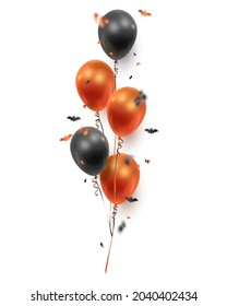 Realistic bouquets of black, red, ginger balloons, bat confetti and ribbons isolated on white. Vector illustration for card, Halloween party, design, flyer, poster, banner, web, advertising.