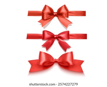 Realistic Bow Collection Red bow ribbon Horizontal isolated on White background