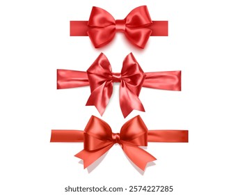 Realistic Bow Collection Red bow ribbon Horizontal isolated on White background