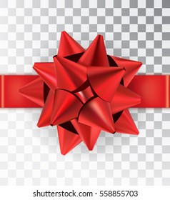 Realistic bow red satin isolated on a transparent background. Red bow with ribbon. Ribbon tied in the middle. Mock-up to create gift cards and packages. Place for an inscription. Vector .