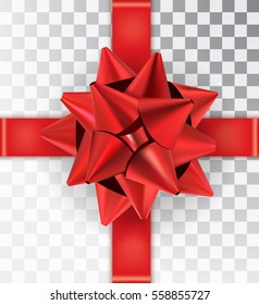 Realistic bow red satin isolated on a transparent background. Red bow with ribbon. Mock-up to create gift cards and packages. Place for an inscription. Vector illustration, EPS10