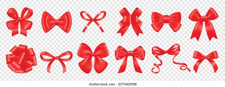 Realistic bow ribbon color set of isolated icons red bows of different shape on transparent background vector illustration