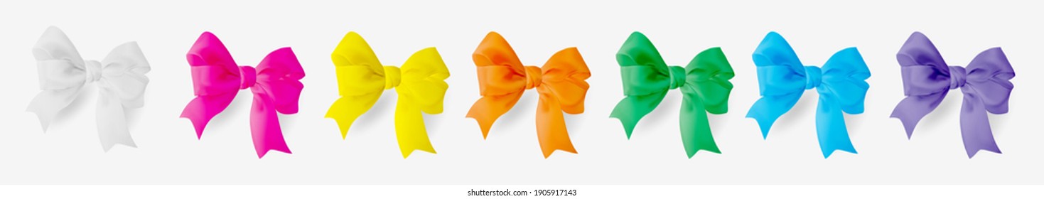Realistic bow set. Multicolored silk ribbons with bows festive decor, luxury elements for festive packaging and design, elegant gift ribbon 3d vector decor on white background