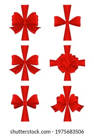 Realistic bow set. Red silk ribbons with bows festive decor satin rose, luxury elements. Isolated gift bows with ribbons.