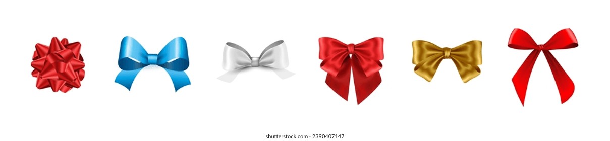 Realistic bow set. Silk ribbons with bows festive decor satin rose, luxury elements for holiday packaging and design