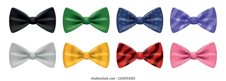 Realistic bow tie set with eight accessories of different colors and patterns isolated against white background vector illustration