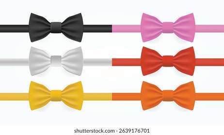 Realistic Bow Ties in Black, White, Red, Orange, Yellow, and Pink – Vector Illustration Isolated on White Background