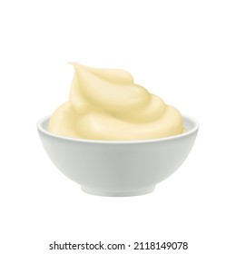 Realistic bowl of fresh mayonnaise on white background vector illustration