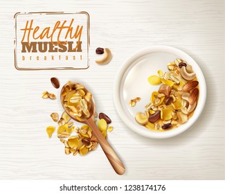 Realistic bowl muesli superfood healthy breakfast with delicious granola cereals editable text plate and spoon images vector illustration