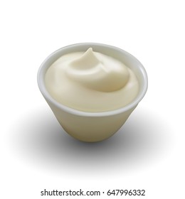 Realistic Bowl of Sour Cream Sauce Mayonnaise Ice Cream Close up Isolated on White Background. Vector illustration