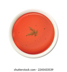 Realistic bowl of tomato soup top view vector illustration