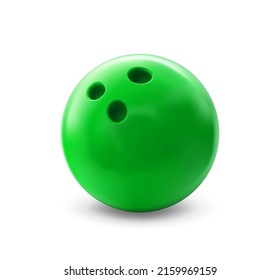 Realistic bowling ball, isolated vector 3d green sphere with holes for playing with pins on alley. Glossy ball object, professional sports and recreational activity equipment, plastic throw bowl