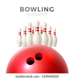 Realistic bowling ball on background of skittle pins. Bowling elements for sport betting promo. Vector bowl championship and competition design element.
