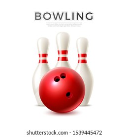 Realistic bowling ball on background of skittle pins. Bowling elements for sport betting promo. Vector bowl championship and competition design element.