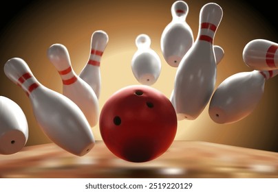 Realistic bowling ball with pins. 3d bowling ball with pins