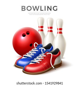 Realistic bowling ball and shoes on background of skittle pins. Bowling elements for sport betting promo. Vector bowl championship and competition design element.