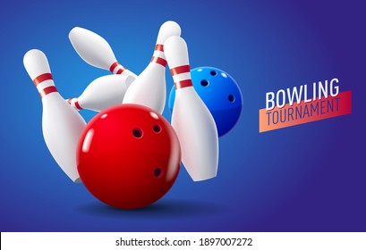 Realistic bowling balls and pins. Bowling tournament banner