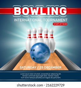 Realistic bowling club poster. Tournament invitation. Ball, pins on alley, competitive group game, sport challenge banner. Entertainment event friendly joint activity, vector 3d concept