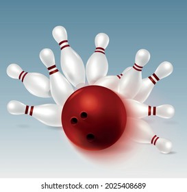 Realistic bowling composition with images of ball strike and falling pins with shadows on white background vector illustration