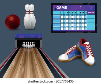 Realistic bowling composition with isolated images of bowling track ball pins and shoes with score board vector illustration