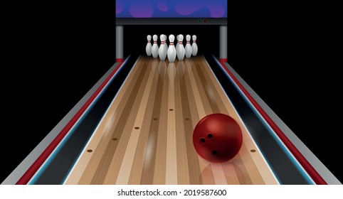 Realistic bowling composition with perspective view of bowling lane with pins and parquet surface with ball vector illustration