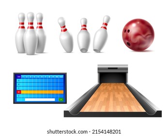 Realistic bowling elements. Challenge sport game equipment, standing and falling skittles, ball and bowling alley, electronic scoreboard for results, indoor leisure activity, vector 3d set