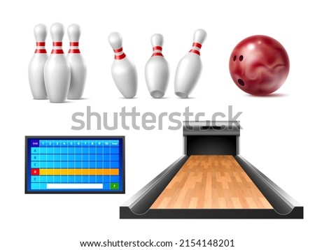 Realistic bowling elements. Challenge sport game equipment, standing and falling skittles, ball and bowling alley, electronic scoreboard for results, indoor leisure activity, vector 3d set