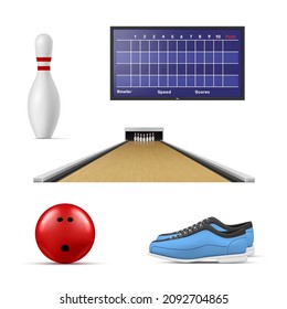 Realistic bowling elements set vector illustration. Collection professional tools sport championship game playing isolated. Shoes, ball, pin, screen tablo score, track strike hitting. Hobby recreation