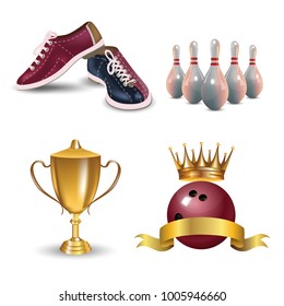 Realistic bowling icon set isolated on white background. Bowling strike with ball