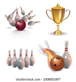 Realistic bowling icon set isolated on white background. Bowling strike with ball