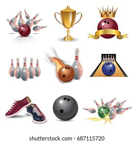 Realistic bowling icon set isolated on white background. Bowling strike with ball