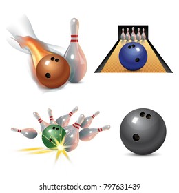 Realistic bowling icon set isolated on white background. Bowling strike with ball