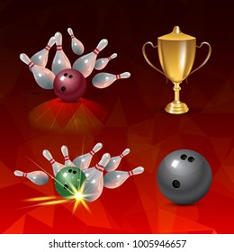 Realistic bowling icon set on red triangular background. Bowling strike with ball