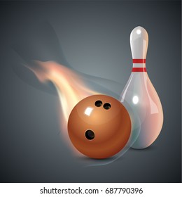 Realistic bowling icon set on dark gray background. Bowling strike with ball