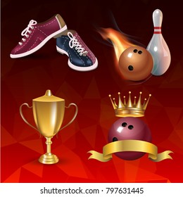 Realistic bowling icon set on red triangular background. Bowling strike with ball