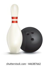 A realistic bowling pin and ball isolated on a white background. Vector EPS 10 available.